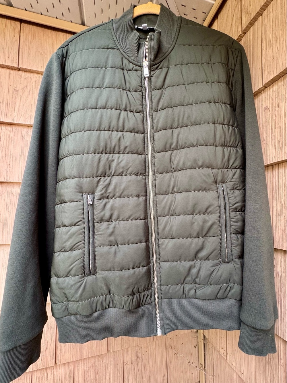 Reiss Quilted/Knit Hybrid Jacket with Standup Collar in Army Green, Size L